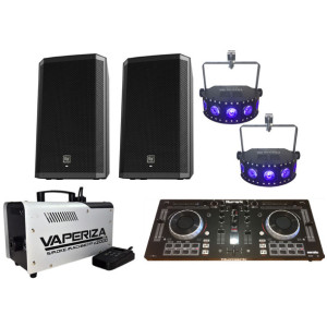 DJ party pack with speakers, lighting, DJ controller and smoke machine