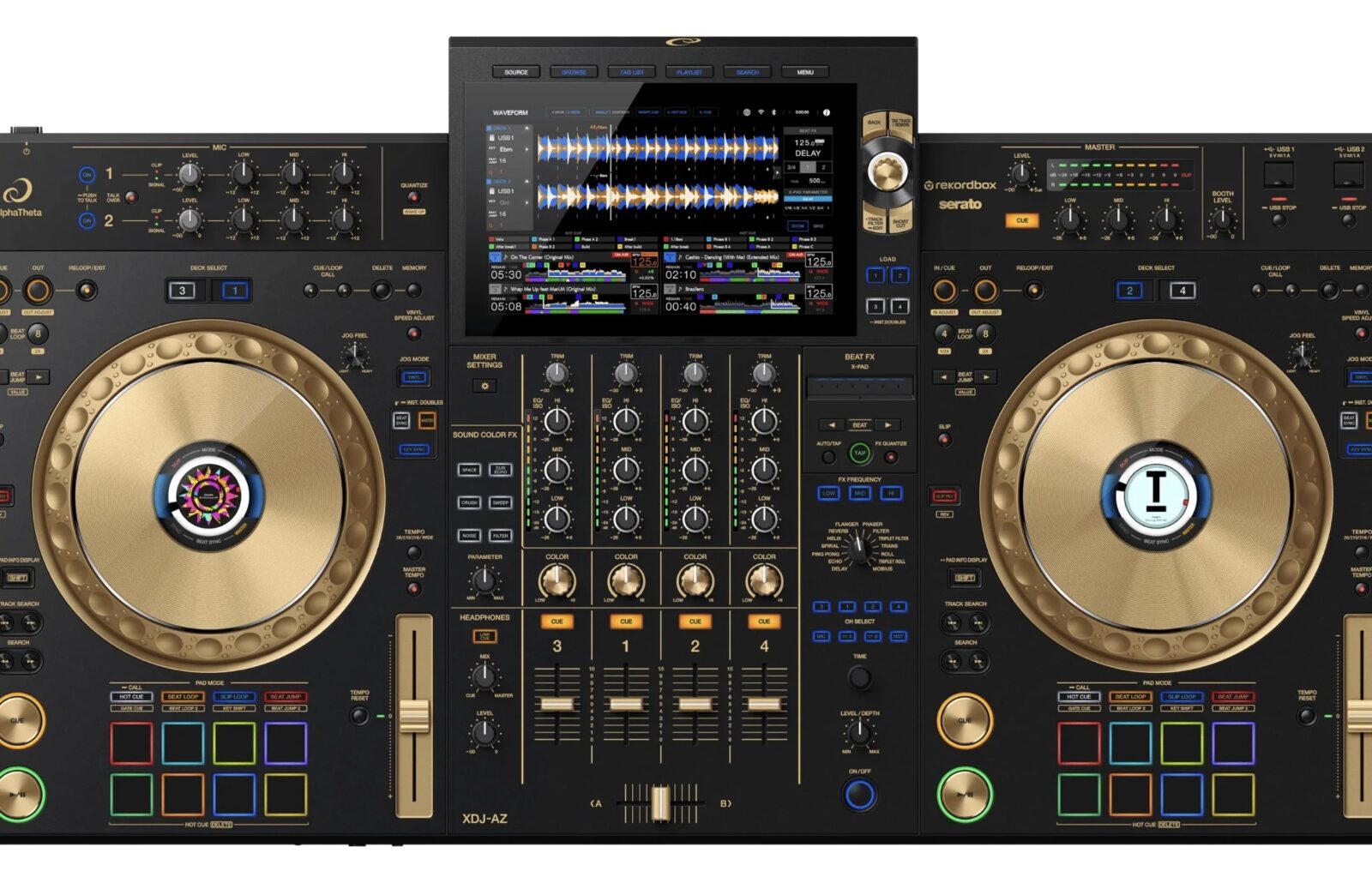 The XDJ-AZ inherits the layout and feel of the flagship CDJ-3000 and DJM-A9 to give you an intuitive experience. When you perform on the system, it feels as if you’re at one with the decks, allowing for more creative performances. With full-size jog wheels that feel just like those on the CDJ-3000, pitch bending and scratching on the XDJ-AZ are incredibly smooth. The mixer section inherits the intuitive layout of the DJM-A9, with all controls positioned to maximize playability. And it features user-friendly buttons for assigning Beat FX to help you express yourself through the music. So, when you’ve mastered the XDJ-AZ, you’ll be familiar with the way club-standard equipment works and feels, making it much easier to perform at your best in clubs.