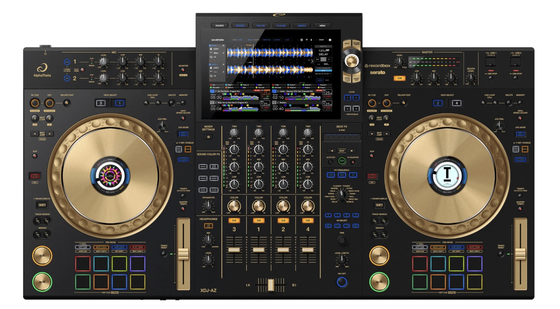 The XDJ-AZ inherits the layout and feel of the flagship CDJ-3000 and DJM-A9 to give you an intuitive experience. When you perform on the system, it feels as if you’re at one with the decks, allowing for more creative performances. With full-size jog wheels that feel just like those on the CDJ-3000, pitch bending and scratching on the XDJ-AZ are incredibly smooth. The mixer section inherits the intuitive layout of the DJM-A9, with all controls positioned to maximize playability. And it features user-friendly buttons for assigning Beat FX to help you express yourself through the music. So, when you’ve mastered the XDJ-AZ, you’ll be familiar with the way club-standard equipment works and feels, making it much easier to perform at your best in clubs.